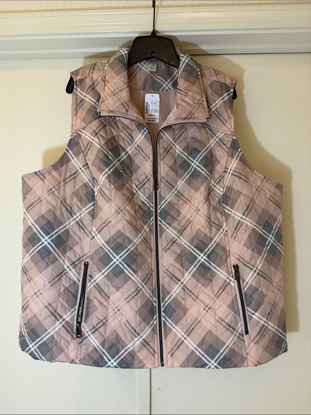CJ Banks Quilted Plaid Puffer Vest in Pink and Gray